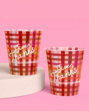 Load image into Gallery viewer, Paper Cups with Give Thanks Script and Burgundy Plaid Pattern, 16-Count
