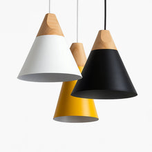 Load image into Gallery viewer, LED Ceiling Pendant Light, Wood and Aluminum Cone Design
