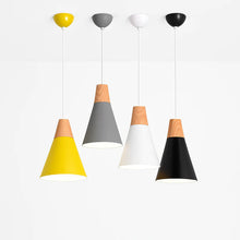 Load image into Gallery viewer, LED Ceiling Pendant Light, Wood and Aluminum Cone Design
