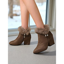 Load image into Gallery viewer, Womens Block Heel Ankle Boots with a Plush Collar, Pointed Toe and Side Zip in Brown or Black
