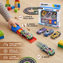 Load image into Gallery viewer, Car Catapult Racing Set with Four Die Cast Cars and Launcher in Gift Box

