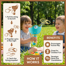Load image into Gallery viewer, Pull String Flying Propeller Toy with Frog Design and Six Propellers in Three Colors
