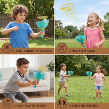 Load image into Gallery viewer, Pull String Flying Propeller Toy with Frog Design and Six Propellers in Three Colors
