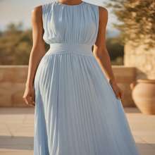 Load image into Gallery viewer, Women's elegant pleated maxi dress with a ruched waist, perfect for wedding guests &amp; formal occasions.
