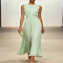 Load image into Gallery viewer, Formal occasion dress: sleeveless pleated maxi with a sophisticated ruched waist, perfect for parties.
