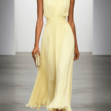 Load image into Gallery viewer, Sleek sleeveless long dress, pleated design, with a chic ruched waist for elegant wedding guest fashion.
