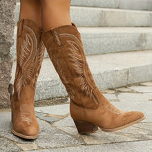 Load image into Gallery viewer, Women's knee-high western boots with intricate embroidery, pointed toe, and sturdy block heel for chic style.
