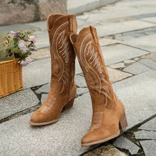 Load image into Gallery viewer, Knee-high women's western boots featuring classic embroidery, a stylish pointed toe &amp; comfortable block heel.
