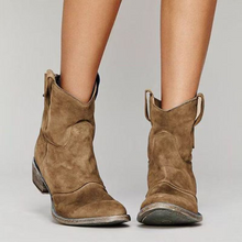 Load image into Gallery viewer, Stylish women's Western ankle boots with pull tabs, low heel, and rounded toe.
