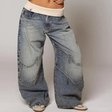 Load image into Gallery viewer, Women's casual light blue Y2K baggy wide leg jeans with a comfortable ribbed waist, perfect for everyday style.
