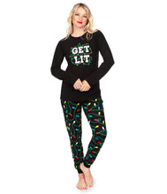 Load image into Gallery viewer, Womens Christmas Lights Pajama Set with Get Lit Slogan Top and Printed Pants
