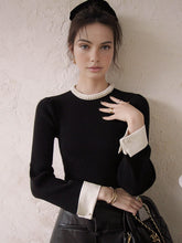 Load image into Gallery viewer, Womens Slim Fit Knit Sweater with Pearl Trim Collar and Contrast Cuffs
