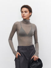 Load image into Gallery viewer, Womens Sheer Knit Turtleneck Top with Medium Stretch and Natural Fiber Blend
