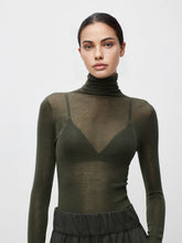 Load image into Gallery viewer, Womens Sheer Knit Turtleneck Top with Medium Stretch and Natural Fiber Blend
